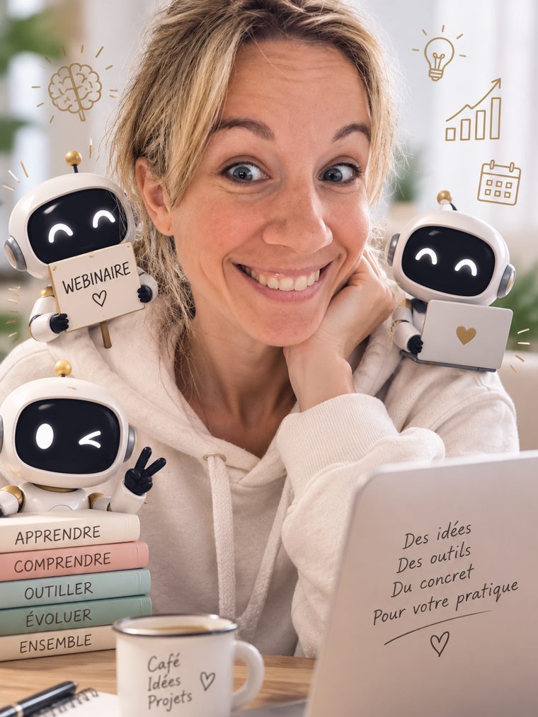 Elise Noirot à son bureau, entourée de petits robots et de livres